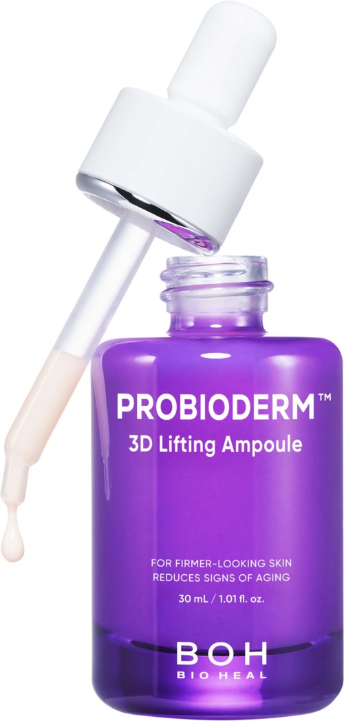 En lila flaska med Probioderm 3D Lifting Ampoule och en pipett, etikett med produktinformation och en droppe serum.