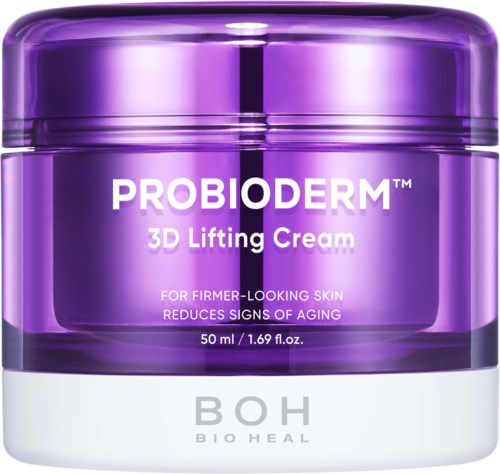 En lila burk med PROBIODERM 3D Lifting Cream med vit text, på en vit botten, som främjar fast och ungdomlig hud.