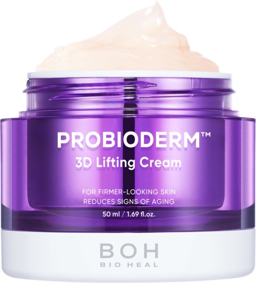 En lupprullad burk med Probioderm 3D Lifting Cream och kräm på toppen, märkt för fastare hud och anti-aging fördelar.