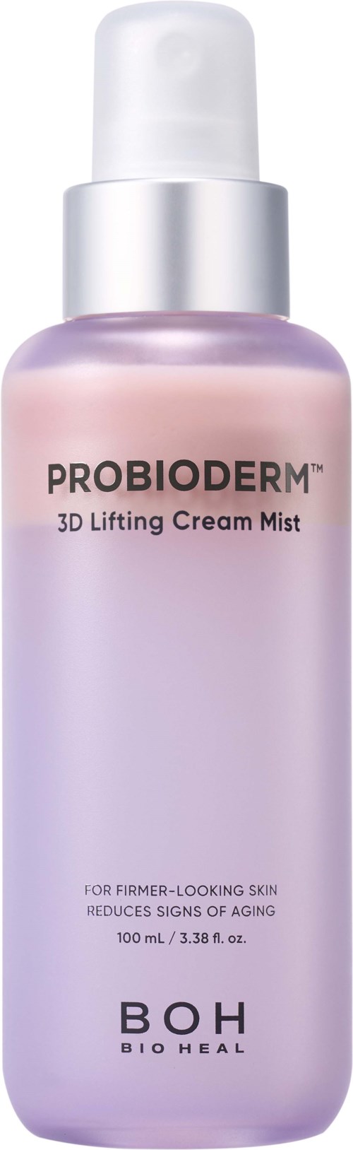 En flaska PROBIODERM 3D Lifting Cream Mist med vit kork och rosa till lila gradientflaska. Text på etiketten.