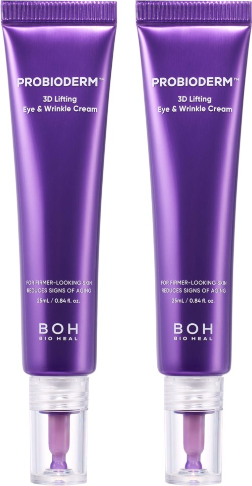 Två lila tuber med Probiotherm 3D Lifting Eye & Wrinkle Cream, med silverlock och applikator.