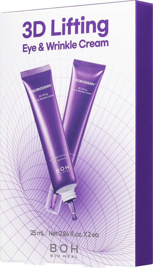 Förpackning med två lila tuber för ögonkräm, märkt 3D Lifting Eye & Wrinkle Cream och B.O.H.