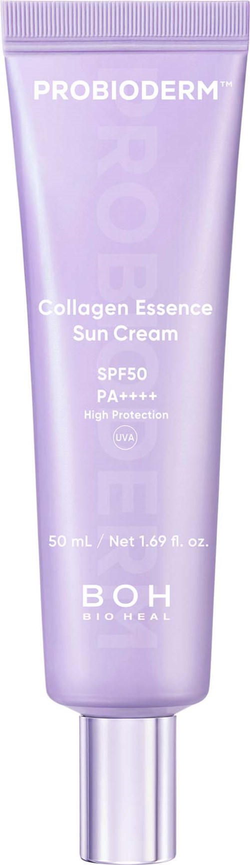 Lila tube med Probioderm Collagen Essence Sun Cream med SPF 50 och hög skyddsnivå.
