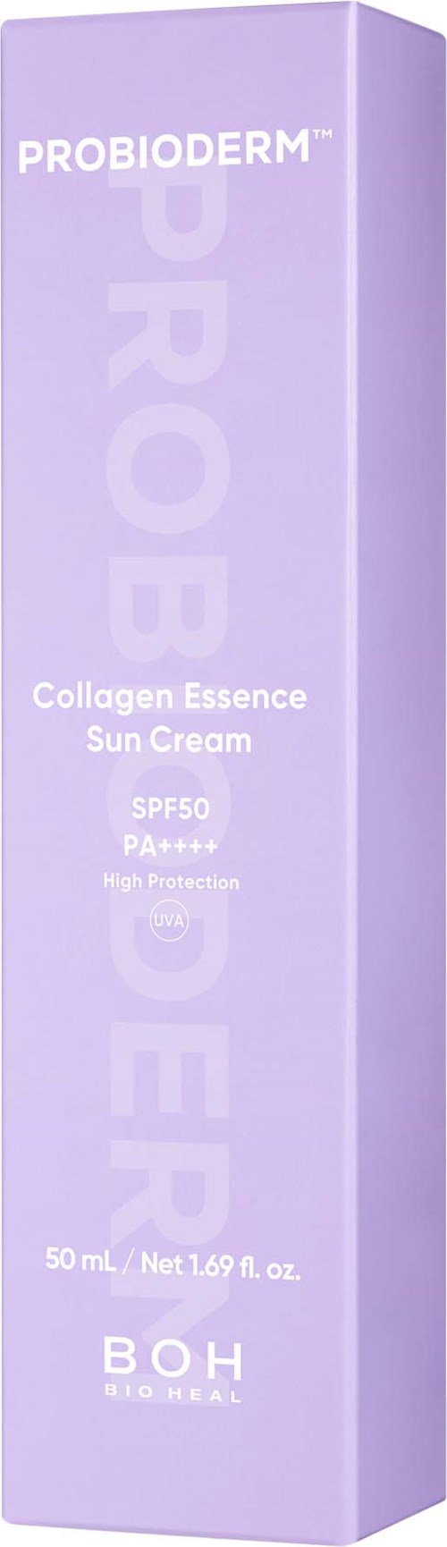 Ljuslila förpackning av Probioterm Collagen Essence Sun Cream med SPF50 och PA+++ skydd, 50 ml.