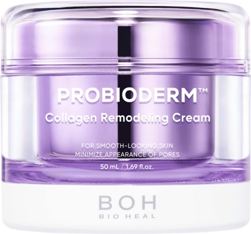 En lila burk av Probioderm Collagen Remodeling Cream med metalliclock, märkt för smidig hud och porminskning.