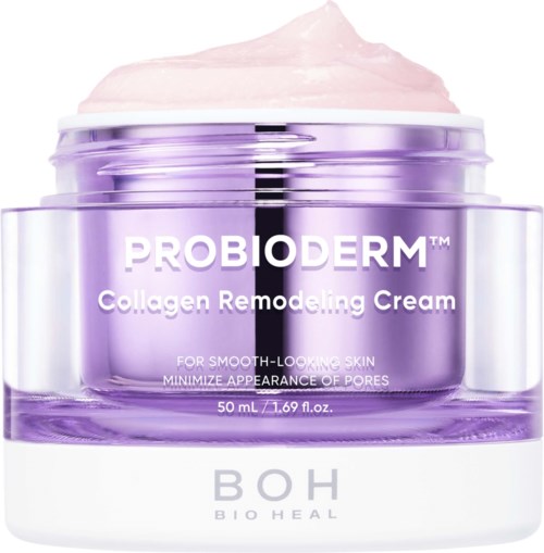 En lila burk med PROBIODERM Collagen Remodeling Cream med rosa kräm ovanpå.