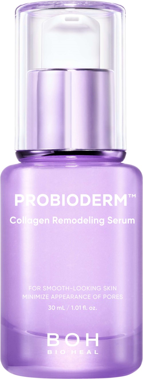 En lila hudvårdsflaska märkt Probioderme Collagen Remodeling Serum av Boh Bio Itail med en genomskinlig lock.