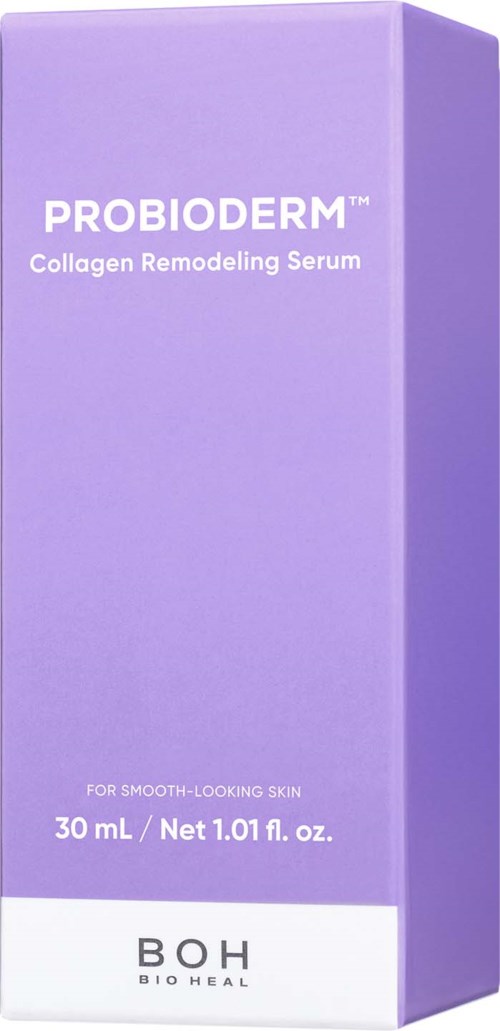 Lila förpackning för ProbiDerm kollagenserum med vit text och BOH Bio Heal-logga längst ner.