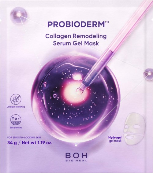 ProbiDerm collagenomläggande serumgelmask förpackning med droppare, lila och rosa design, och en ansiktsmaskillustration.
