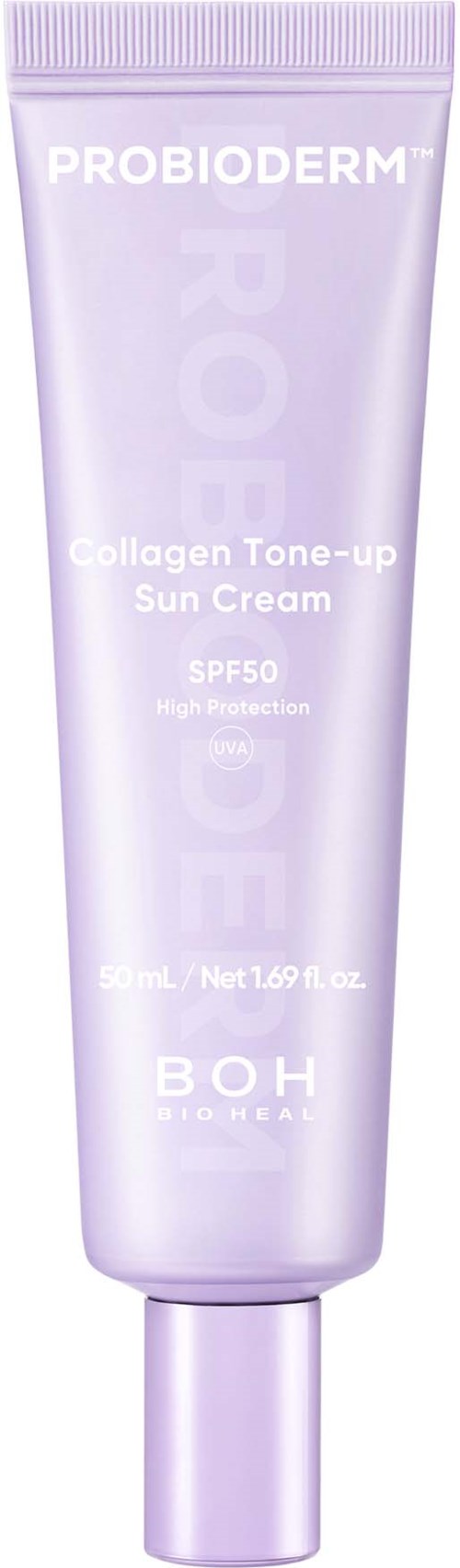 En lavendelfärgad tub med Probiocare Collagen Tone-up Solkräm med SPF 50 och hög skydd. Märke: BOH.