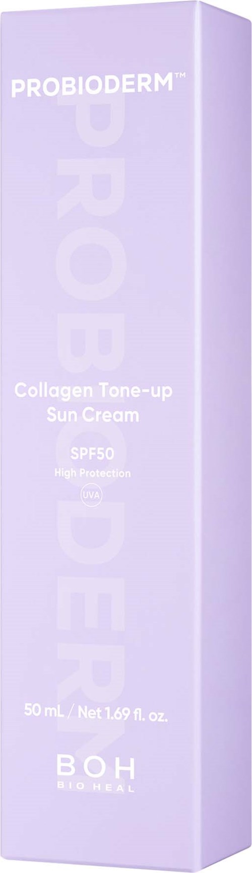 Lång, ljuslila box för kollagen solkräm med SPF 50, märkt ProbiDerm och Boh. Enkel förpackningsdesign.
