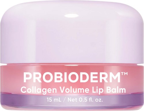 Rosa behållare med ProbiDerm Collagen Volume Lip Balm, vit lock och produktbeskrivning på fronten.