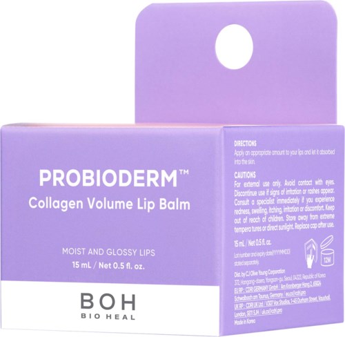 Ljuslila box för Probiorderm Collagen Volume Lip Balm, 15 ml, för fuktiga och glänsande läppar, med produktdetaljer på sidan.
