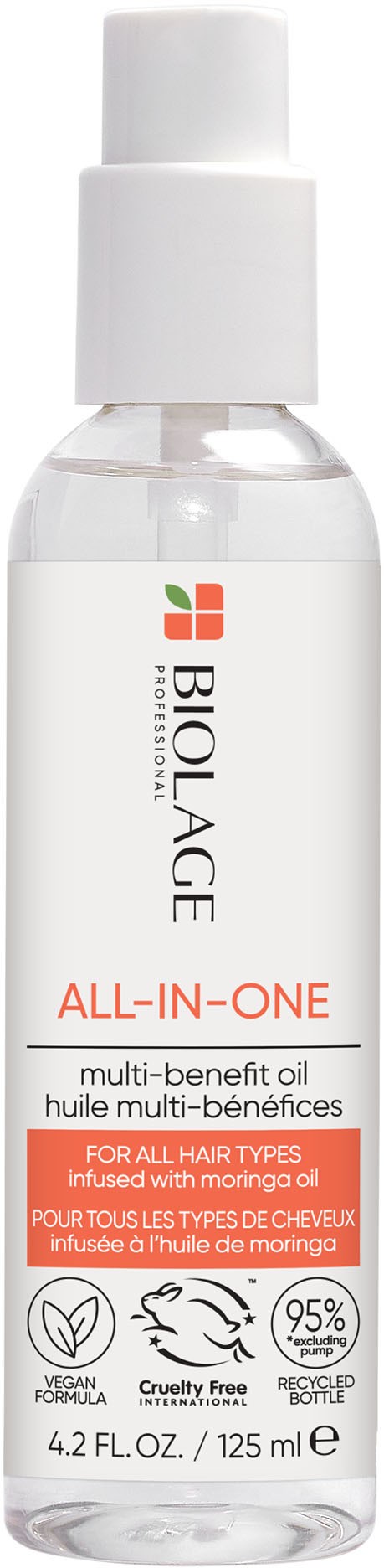 Eine weiße Sprühflasche mit der Aufschrift 'Bio:Age All-In-One', enthält Mehrzwecköl für alle Haartypen.
