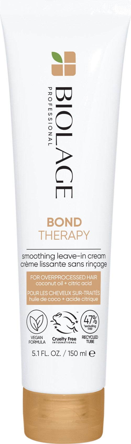 Eine weiße Tube mit braunem Deckel, beschriftet Biolage Bond Therapy Leave-in Creme für glattes Haar, mit natürlichen Inhaltsstoff-Ikonen.