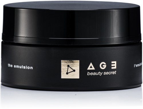 Ett svart runt burk med texten 'the emulsion' och 'beauty secret' samt en triangel och en logga i mitten.