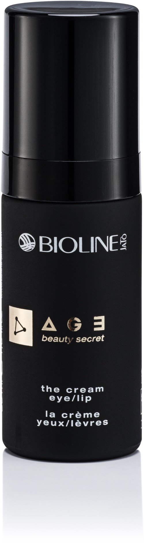 A small black bottle labeled 'Bioline' with a pump, used for eye and lip cream. Simple design and clear text.
