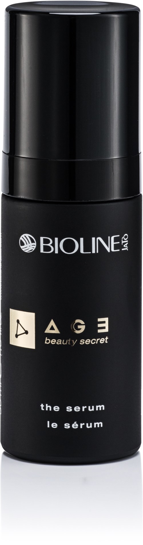 Black bottle of Bioline Labs Beauty Secret serum with white and gold text and logo.