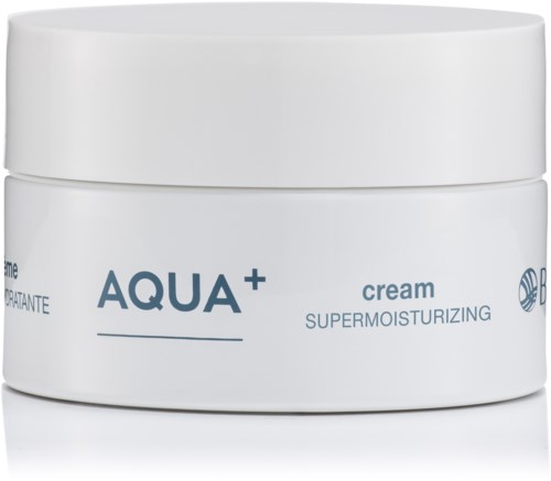 En vit burk med AQUA+ kräm, märkt som superinpackning, med slät yta och enkel textdesign.