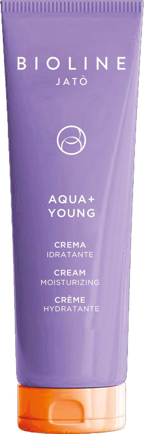 En lila tube med Bioline Jatò Aqua+ Young återfuktande kräm med orange lock.