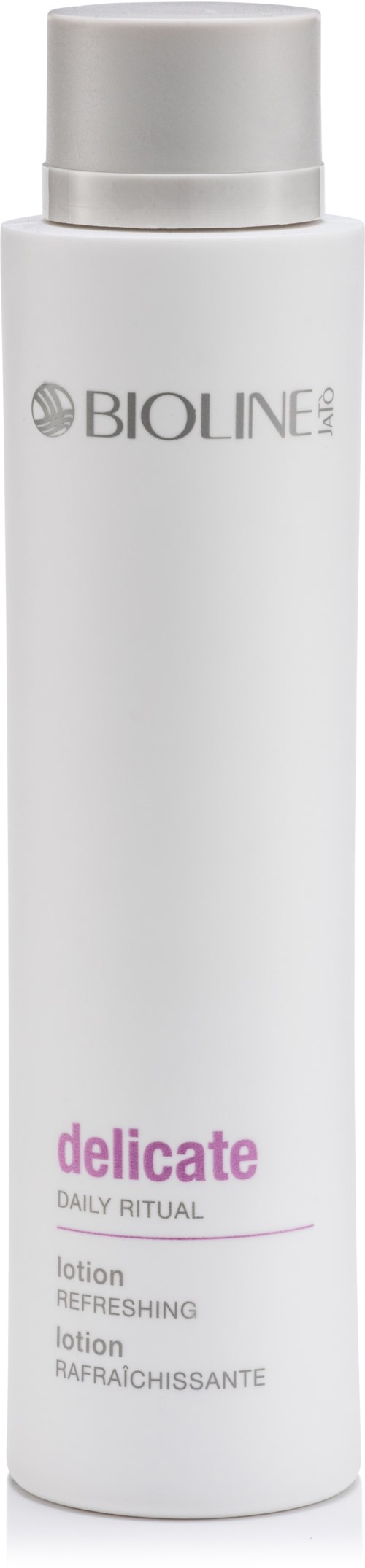 A white bottle with a silver cap, labeled 'Bioline,' contains delicate daily ritual lotion for refreshing skin.