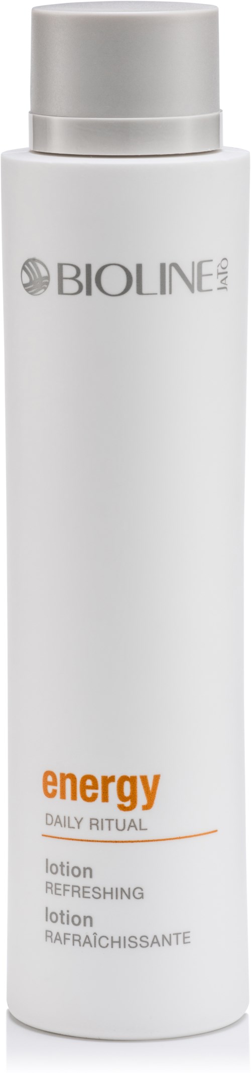 En lång vit flaska med silverlock, märkt "Bioline" och "energy" i orange, för hudlotion.