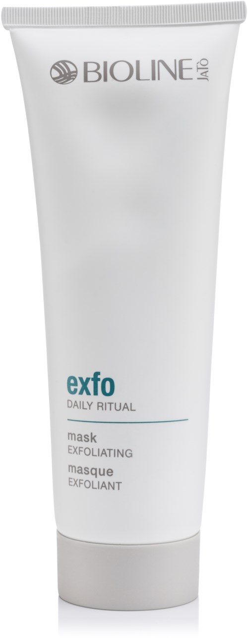 A white tube of Bioline Exfo Daily Ritual exfoliating mask with blue and grey text.