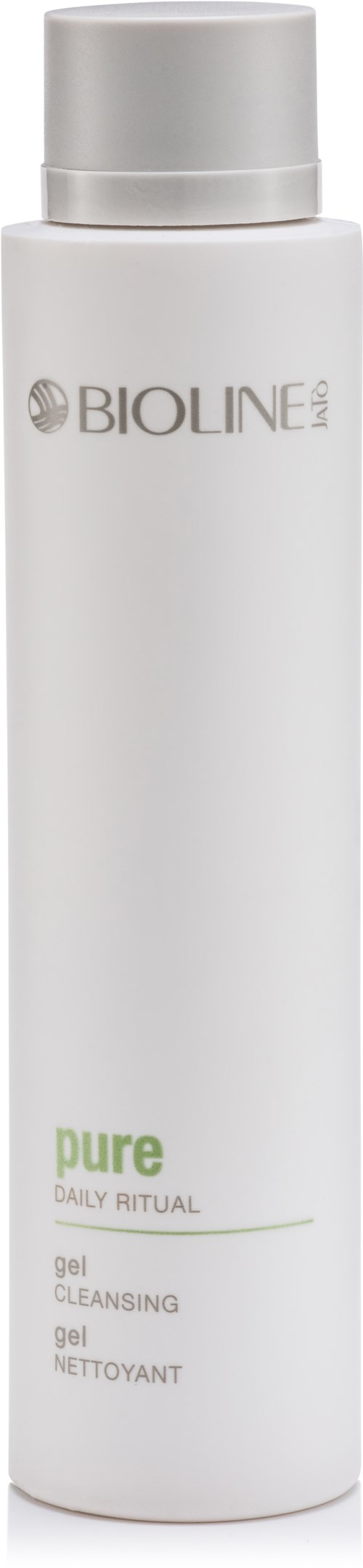 En vit Cylindrisk flaska med silverlock, märkt 'Bioline' och 'Pure Daily Ritual Gel Cleansing'.