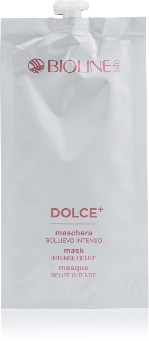 Ett vitt maskerpaket med röd text för Bioline Dolce Intense Relief mask.