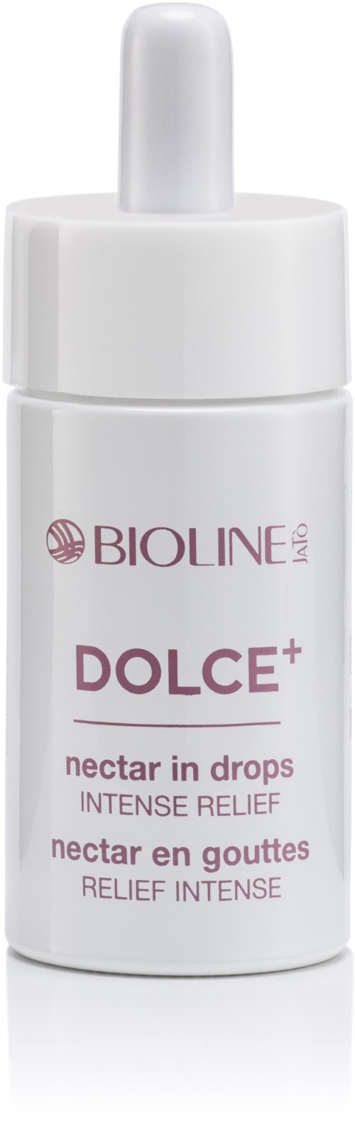 En vit flaska med pipettlock, märkt Bioline Lab DOLCE+ nectarkapslar. Den är för intensiv lindring.