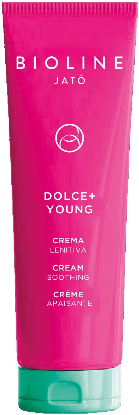 Lysrosa tube med Bioline Jato Dolce + Young beroligende krem og grønt lokk.