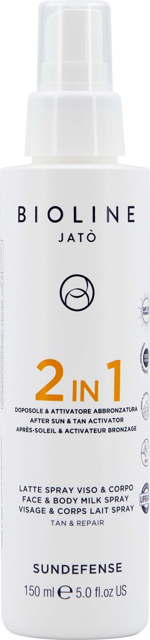 A white spray bottle labeled Bioline Jato, 2 in 1 face and body milk spray for tan and repair, 150 ml.