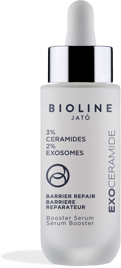A white bottle with a dropper, labeled Bioline Jato, containing a barrier repair booster serum, with key ingredients and text.