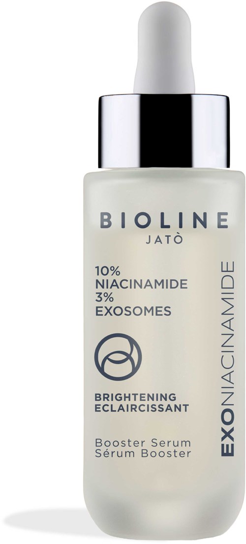 En vit serumflaska med droppare, märkt som Bioline Jatò Exon Niacinamide Brightening Serum. Lila och silver detaljer.