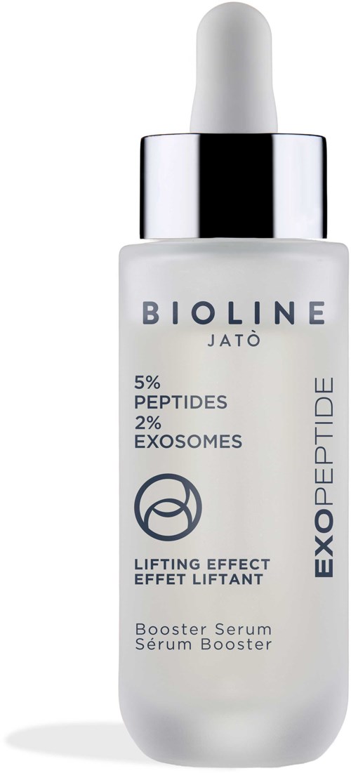 A white skincare bottle with a dropper, labeled Bioline Jato, promotes lifting and skin renewal.