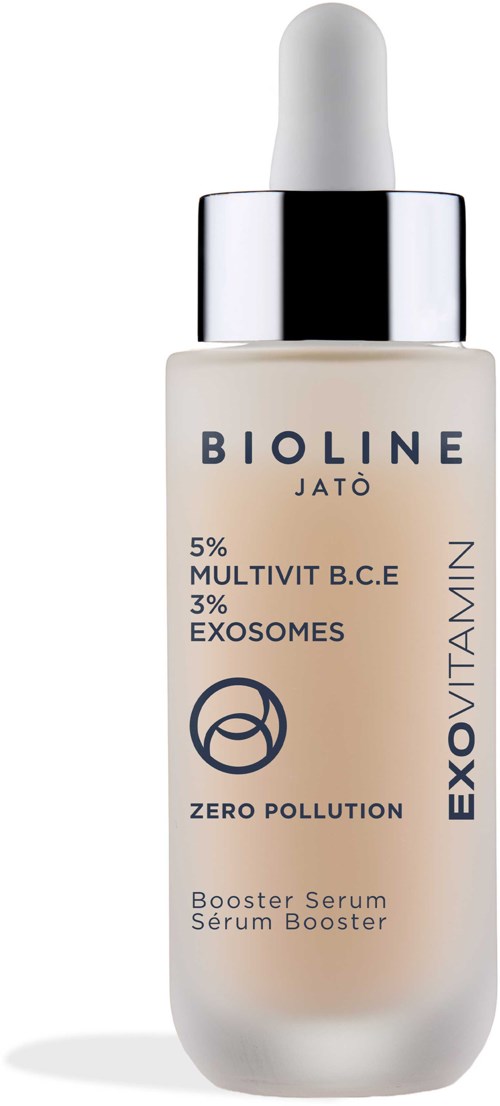 En serumflaska med droppe märkt Bioline Jato, Exovitin, och påstår att den minskar föroreningar och förbättrar huden.