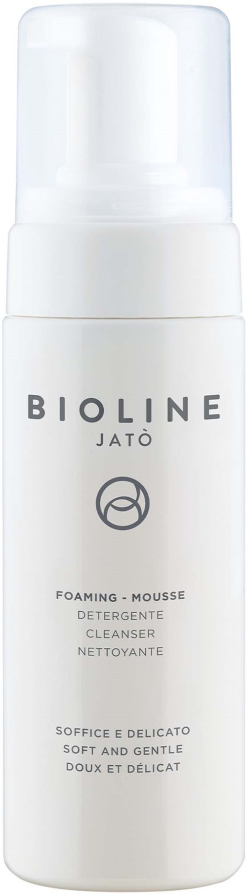 Hvit flaske med Bioline Jatò skummende rens og tekst på etiketten.