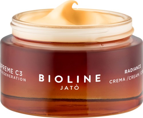 A jar with cream on top, labeled Bioline Jatò, orange and white with product information.
