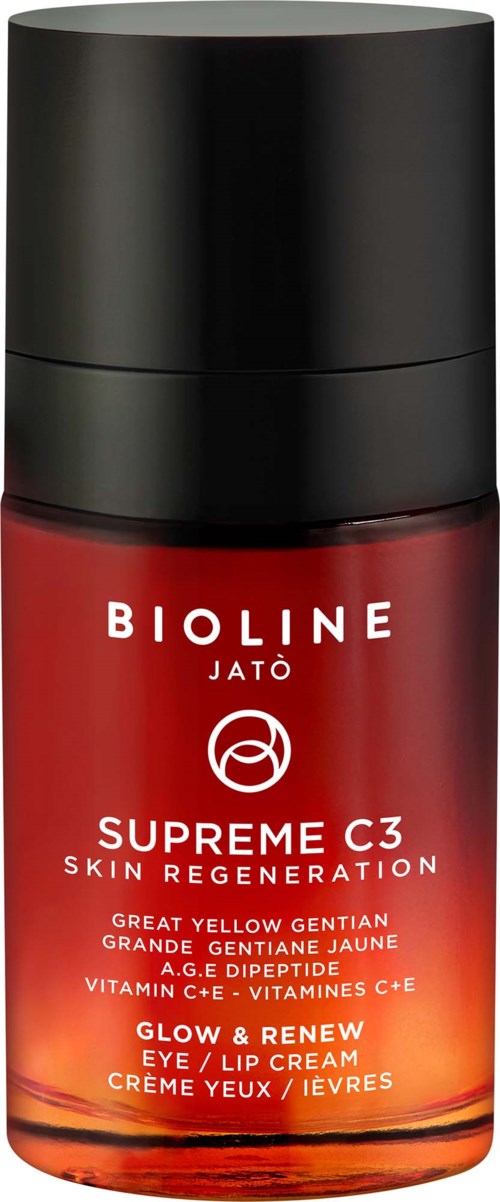 Röd flaska med svart lock, märkt Bioline Jatò Supreme C3 hud- och ögonvårdsprodukt.