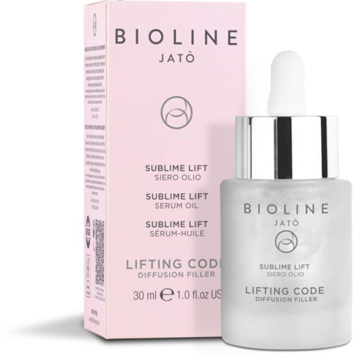 A white serum bottle with a dropper next to pink packaging box. Text indicates it is a lifting serum from Bioline Jatò.