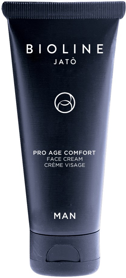 A black tube of Bioline Jatò Pro Age Comfort Face Cream for men, with simple white text and logo.