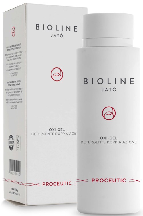 En vit flaska och box av Bioline Jatòs Oxi-Gel rengöringsprodukter med röd etikett 'PROEUCTIC'.