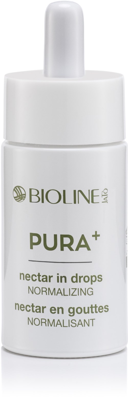 En vit flaska med pipett, märkt Bioline Pura+ nectar in drops, för att normalisera huden.