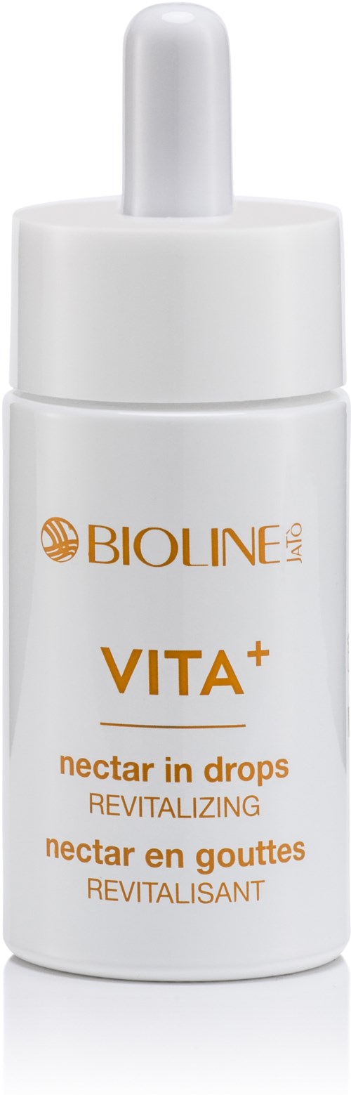 En vit dropperflaska märkt Bioline VITA+ nectar in drops för hudföryngring.