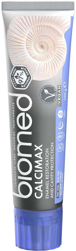 A tube of Biome CalciMax toothpaste with a shell illustration, highlighting enamel repair and protection, and natural ingredients.