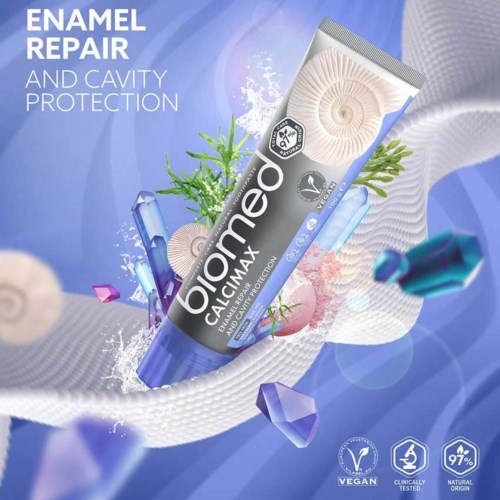 A toothpaste tube with coral design, highlighting enamel repair and cavity protection, surrounded by abstract blue and purple shapes.