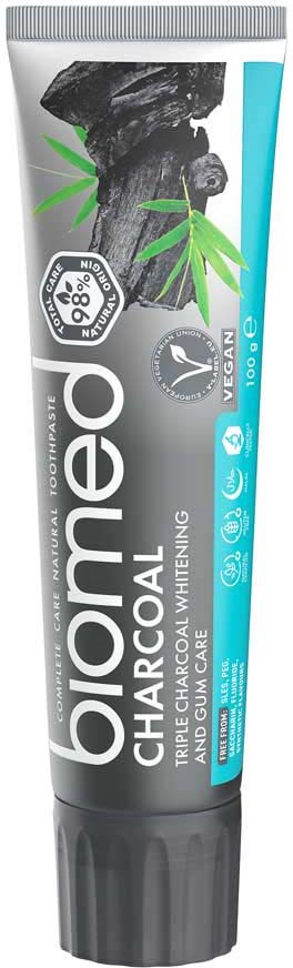 Bioré Charcoal facial scrub in a tube with black and gray packaging, showing charcoal, green leaves, and blue accents.