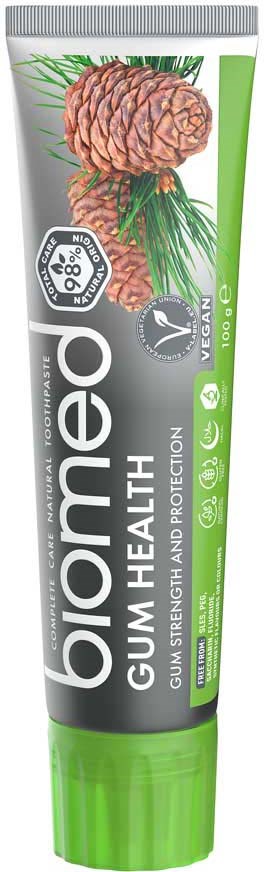 A tube of BioréG gum strength and protection toothpaste, featuring a pine cone and pine needles illustration, green and white colors.