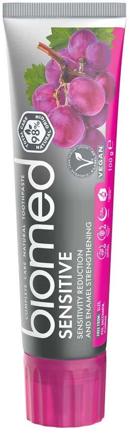 A tube of bioed Sensitive toothpaste with grape and natural ingredients, emphasizing whitening, freshness, and eco-friendly, vegan product.