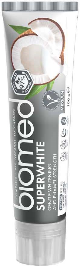 A tube of BioNove Superwhite toothpaste with coconut flavor, vegan and natural ingredients, and whitening properties.